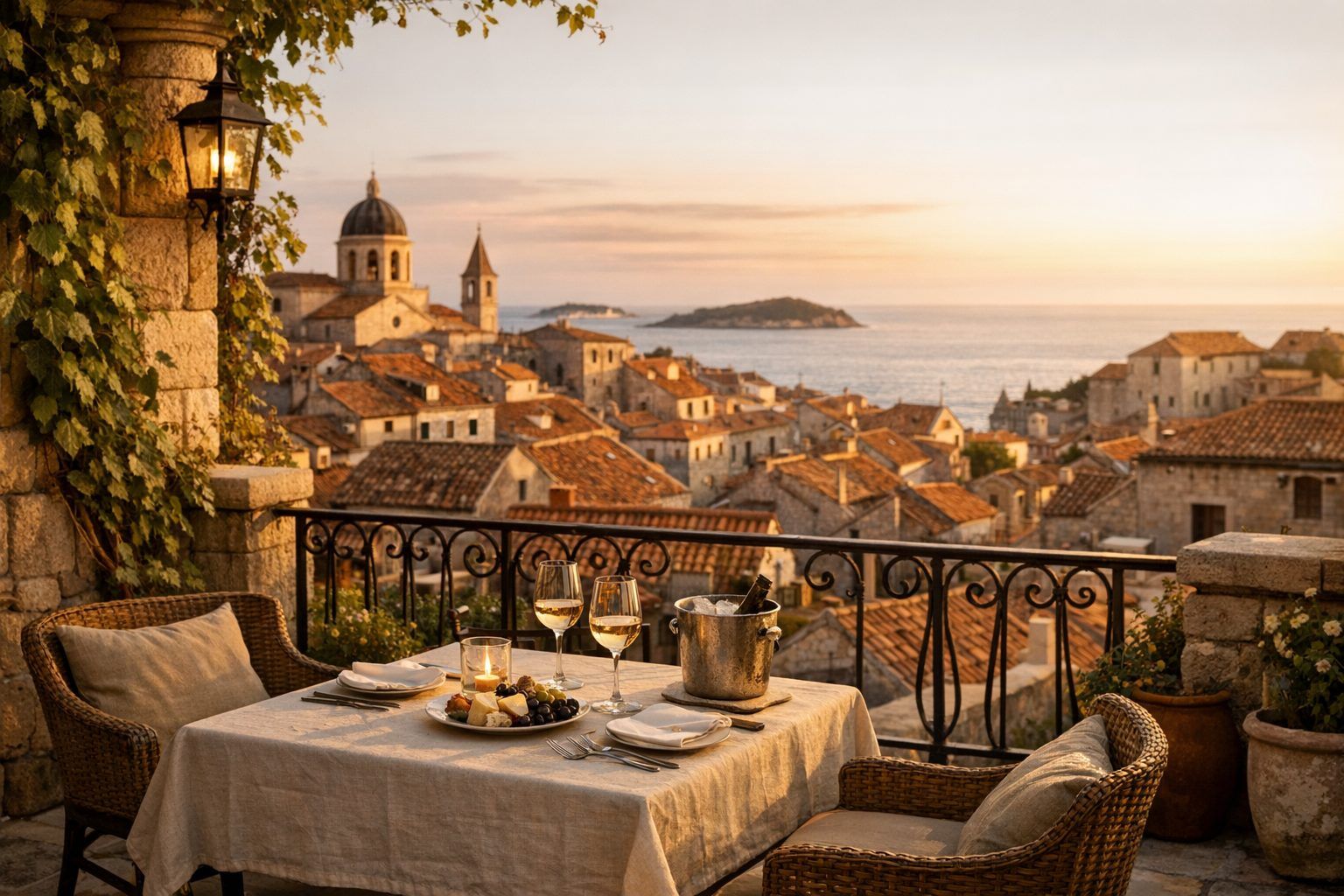 Terrasse d'un hôtel européen au coucher du soleil dominant une vieille ville aux toits de terre cuite