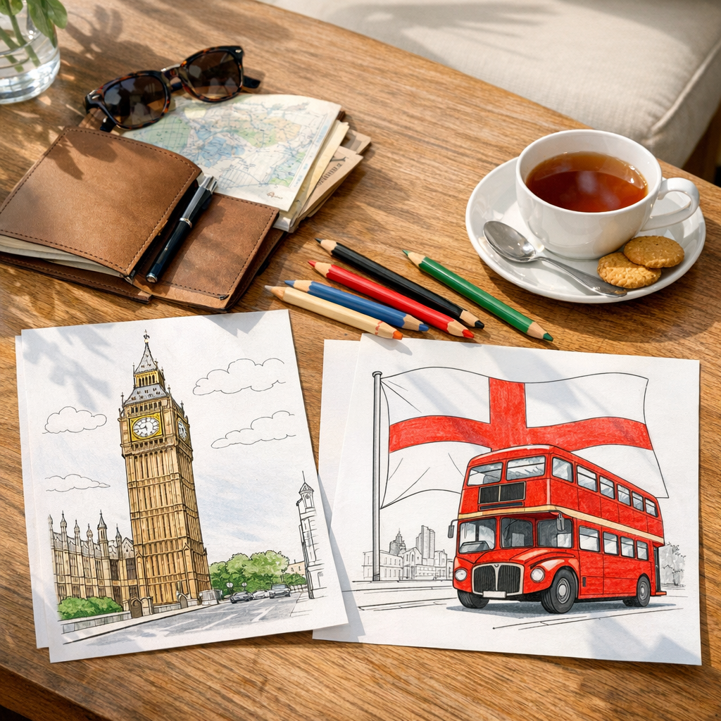Coloriage Angleterre : Londres, drapeau, bus et repères