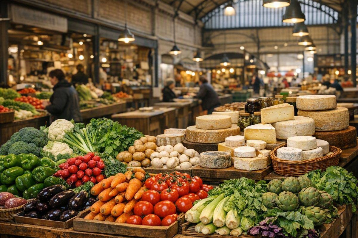Étal de produits de saison dans une halle couverte