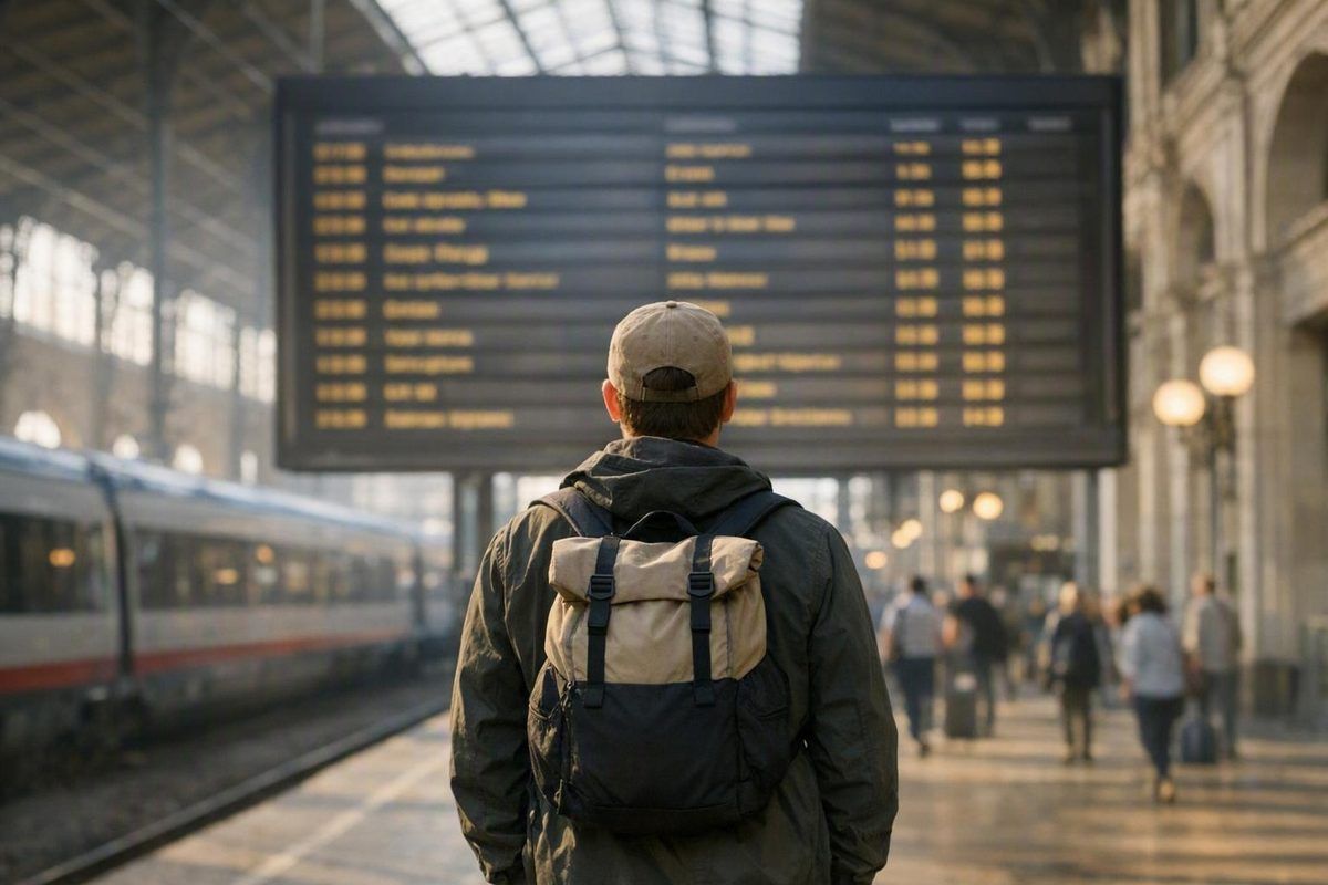 Voyageur devant le tableau des départs d’une gare européenne