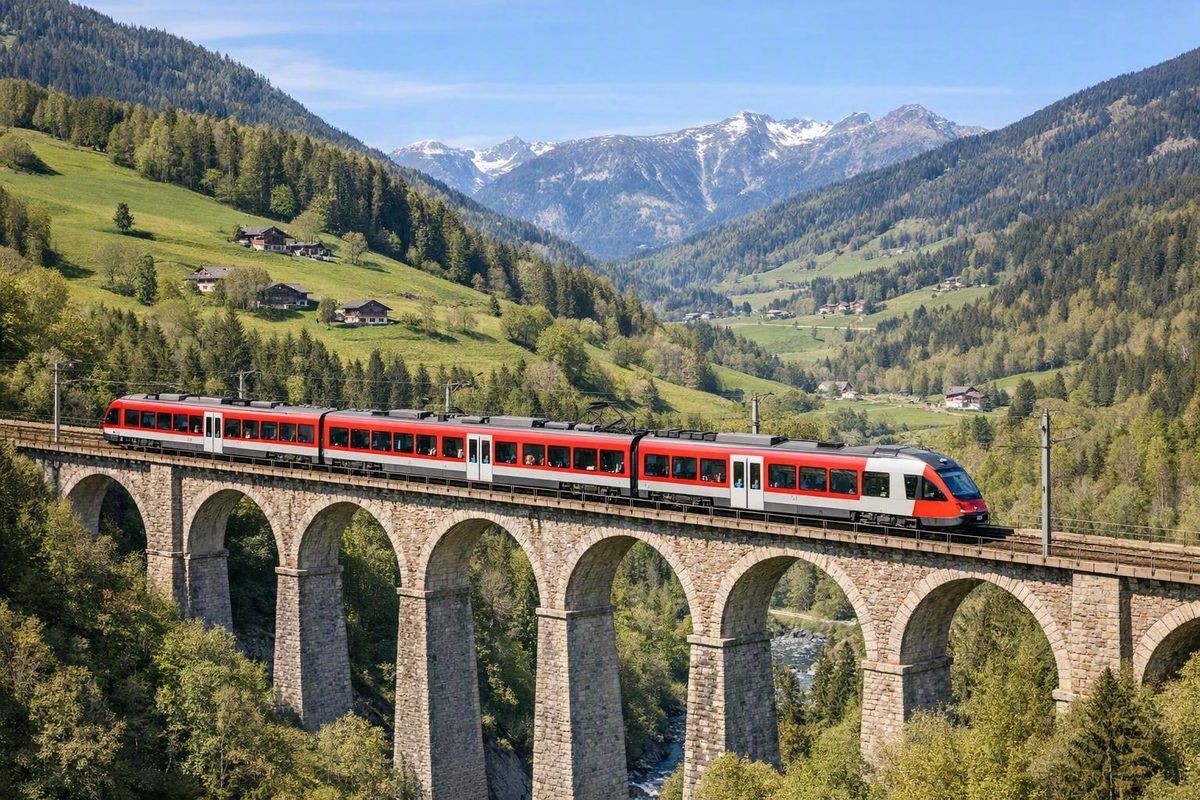 Train régional franchissant un viaduc de montagne