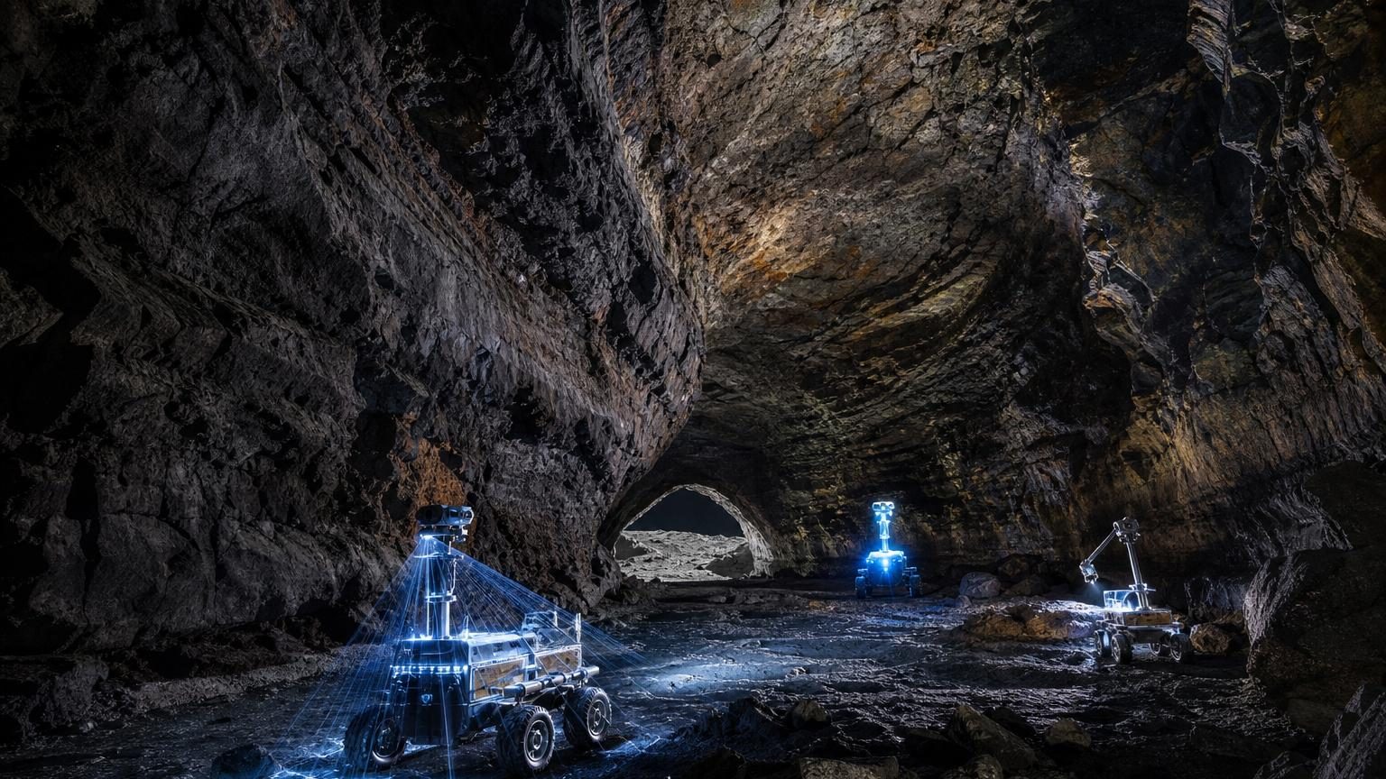 Vue intérieure d'un tunnel volcanique souterrain avec parois rocheuses brutes, sols irréguliers et trois petits robots autonomes équipés de capteurs explorant l'obscurité souterraine.