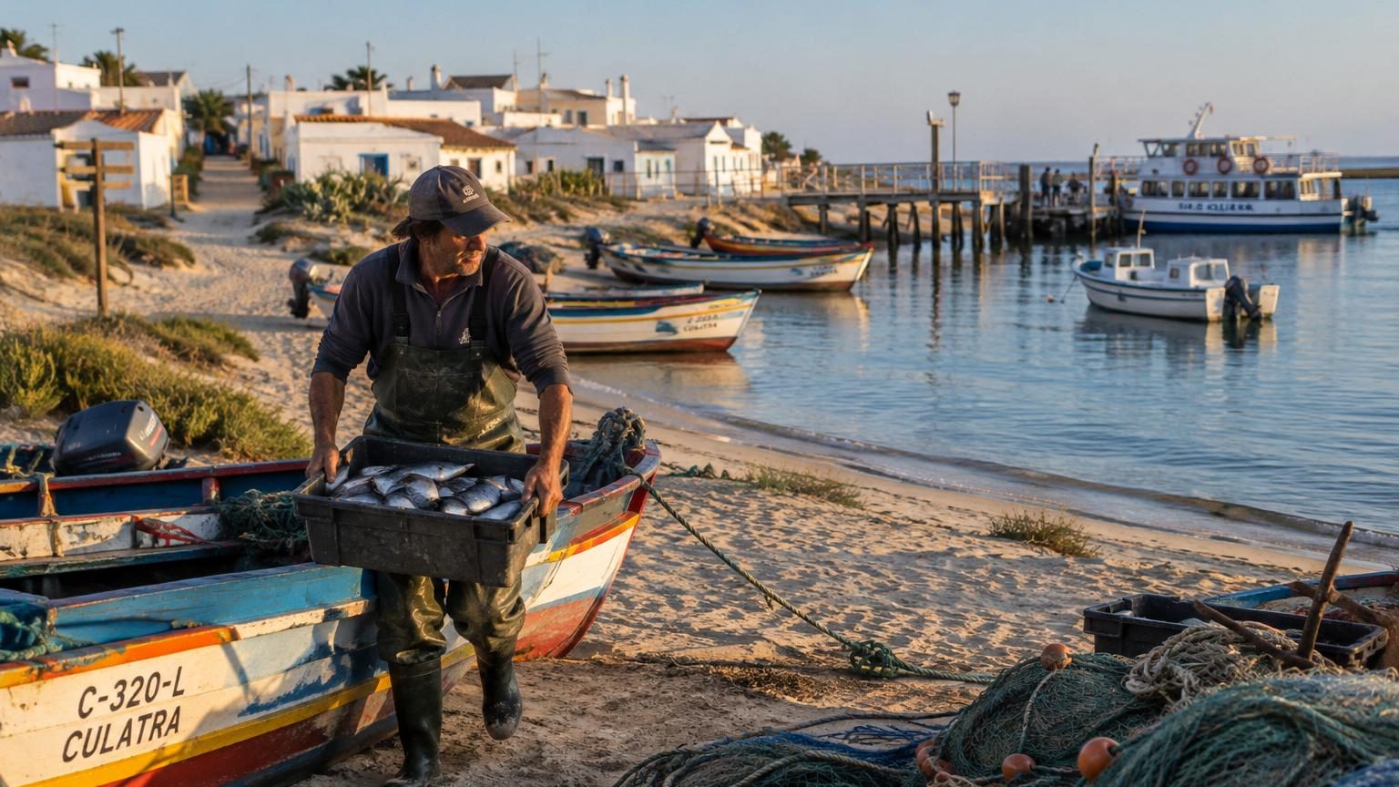 Accessible uniquement en bateau depuis Olhão, l'île de la Culatra abrite un village de pêcheurs d'environ 1 000 habitants tout au sud du Portugal