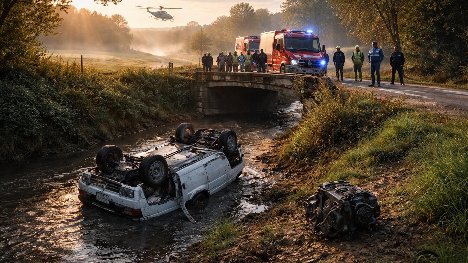 Utilitaire retourné dans un ruisseau, moteur partiellement éjecté du véhicule après un violent impact contre une infrastructure routière, avec berges végétalisées.