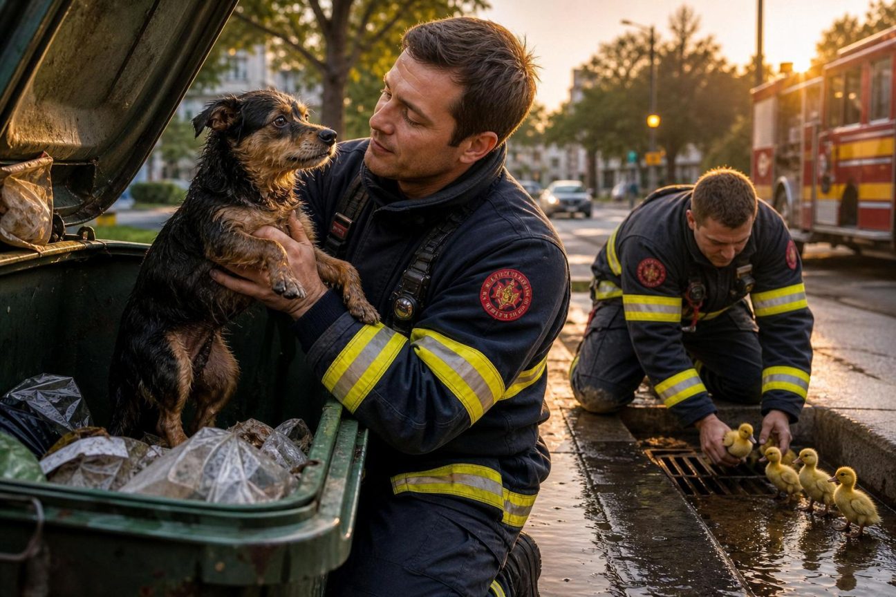 Un pompier tenant un chien brun clair trouvé abandonné dans une poubelle lors d'une intervention de sauvetage.