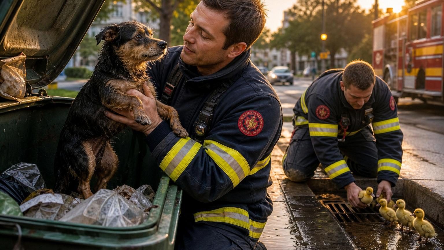 Un pompier tenant un chien brun clair trouvé abandonné dans une poubelle lors d'une intervention de sauvetage.