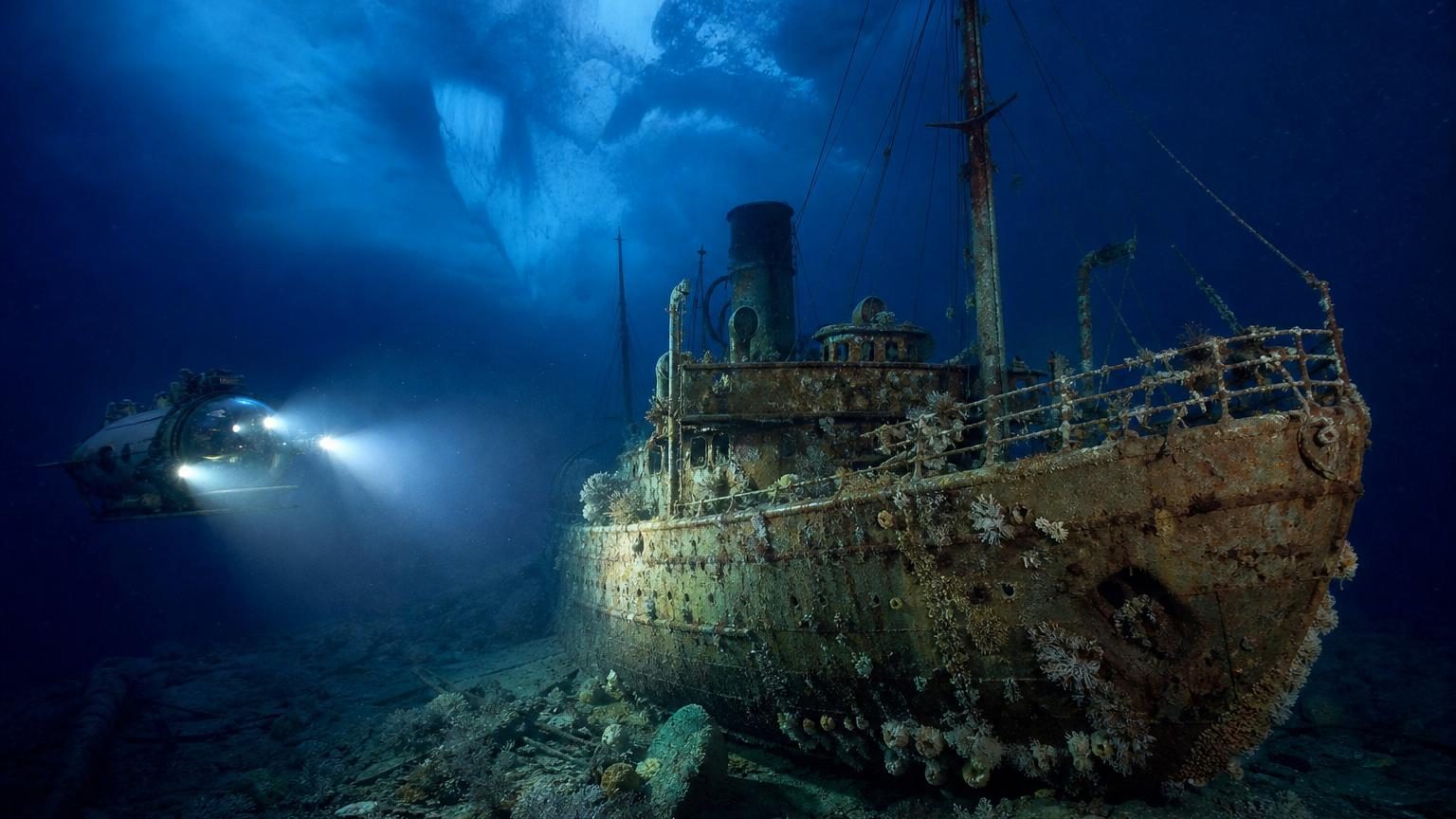Épave du navire Quest reposant sur le fond marin à 390 mètres de profondeur, recouvert de coraux et d'organismes marins, dans l'obscurité froide de la mer du Labrador.