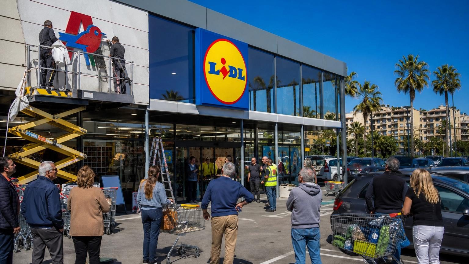 Façade d'un magasin de grande distribution avec ancien logo Auchan visible sur la vitrine et premières affiches de transition vers Lidl affichées