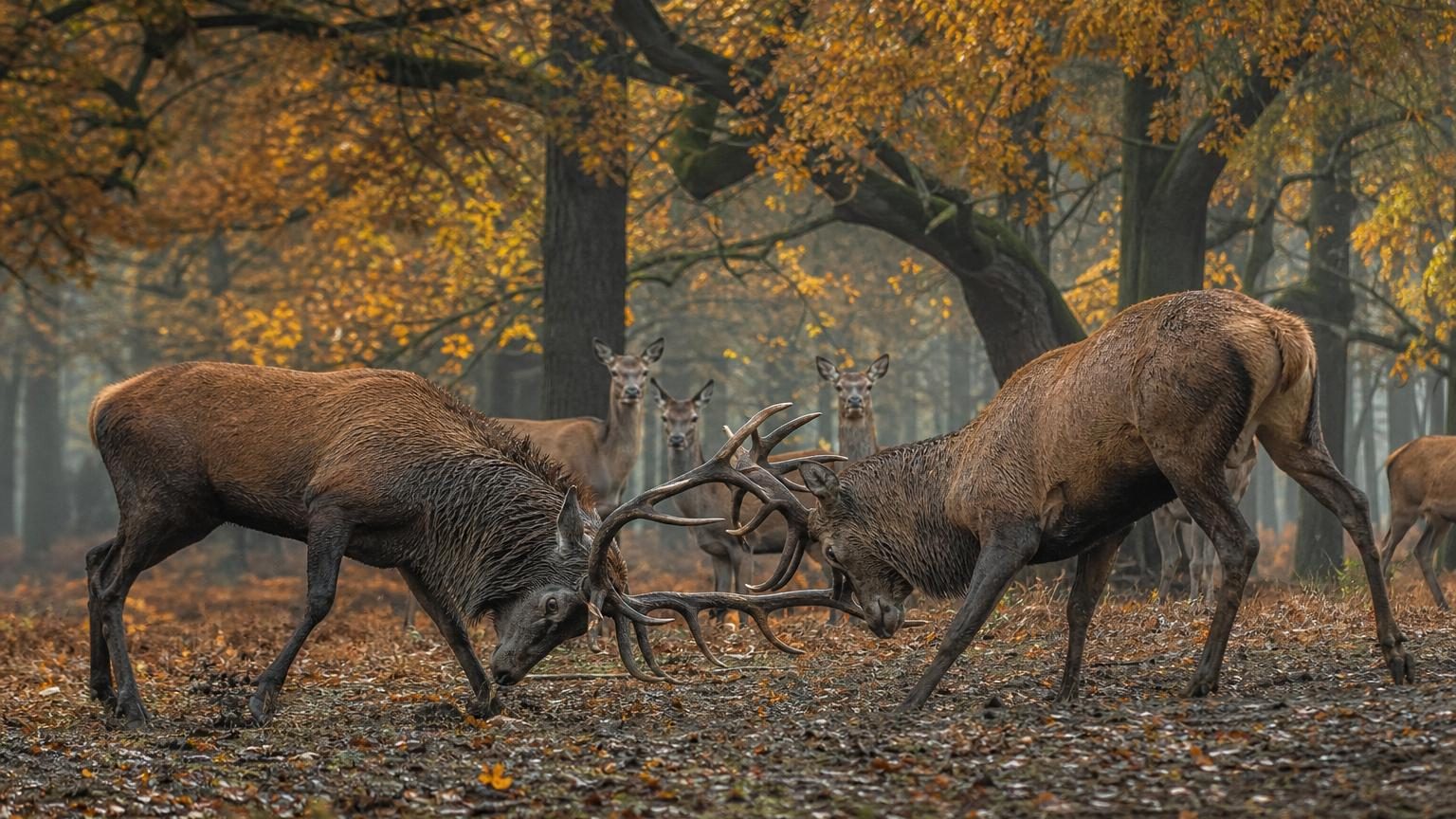 Un cerf mâle imposant dressé de profil, bois ramifiés en avant, baissant la tête dans une posture d'affrontement face à un rival dans une forêt automnale aux feuillages dorés.