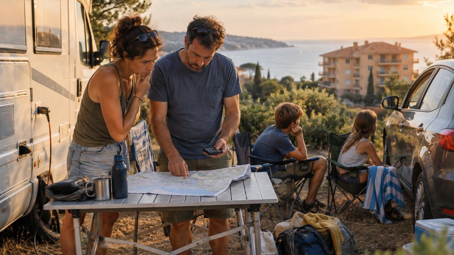 Famille de quatre personnes debout devant un camping-car blanc garé sur une aire de stationnement, avec vue sur la Côte d'Azur en arrière-plan