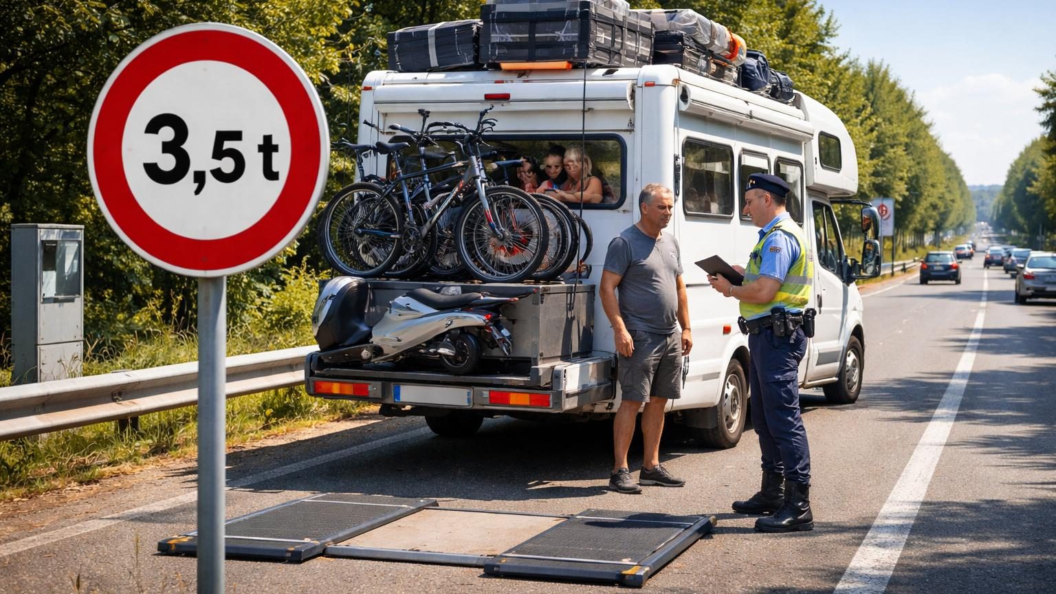 Camping-car blanc chargé sur route touristique, panneau de limitation 3,5 tonnes visible, équipements (vélos, auvent) accrochés à l'arrière, files de circulation estivale