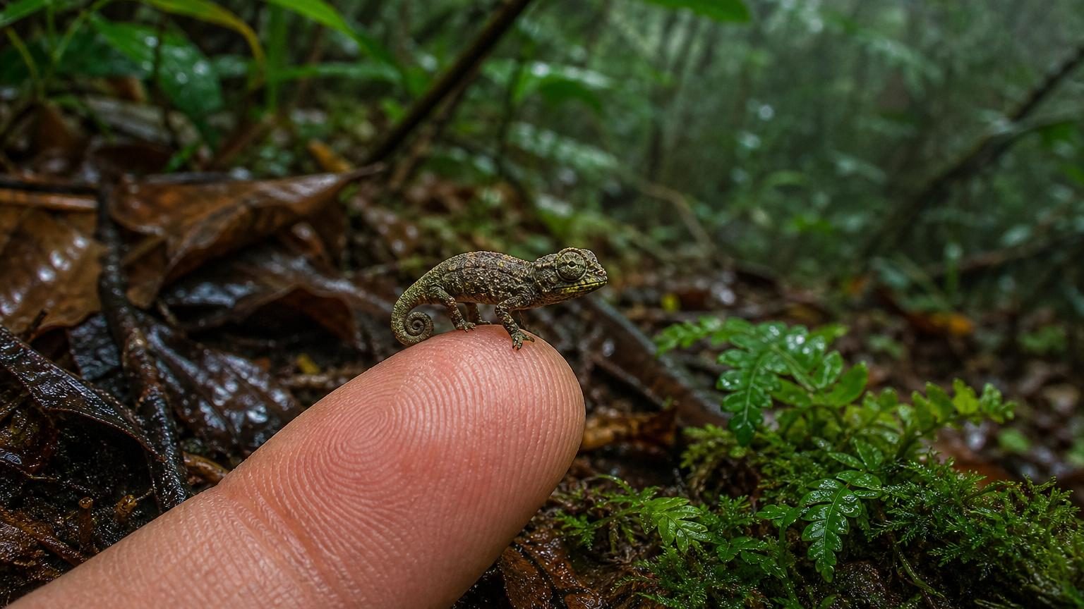 Minuscule caméléon vert posé sur le bout d'un doigt humain, démontrant sa taille comparable à celle d'une graine de tournesol