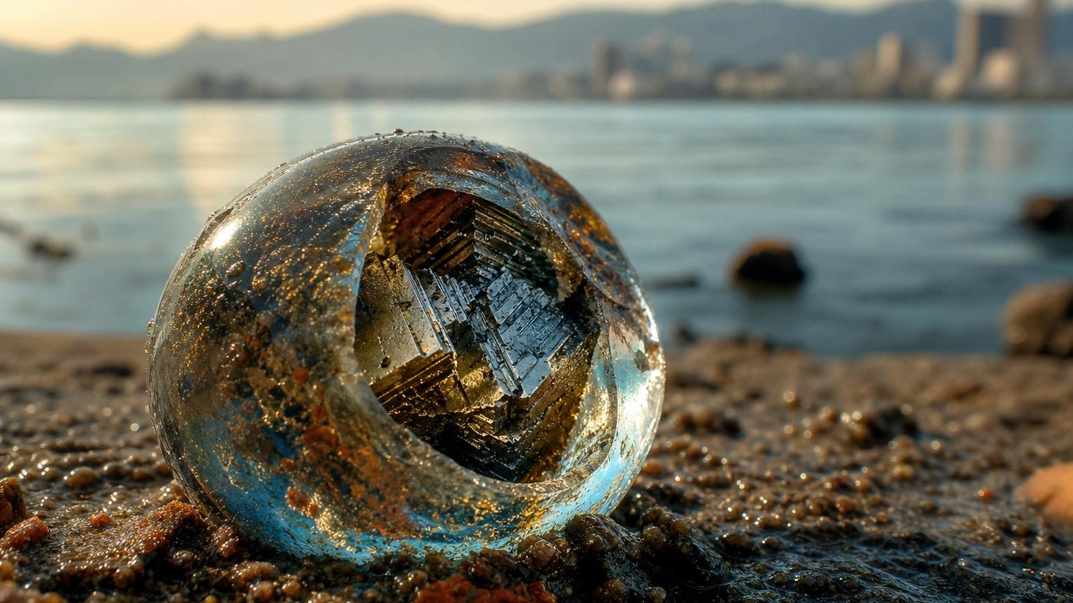 Minuscule sphérule vitreuse contenant un cristal métallique microscopique, découverte dans les sédiments de la baie d'Hiroshima, symbole des transformations physiques extrêmes provoquées par l'explosion atomique