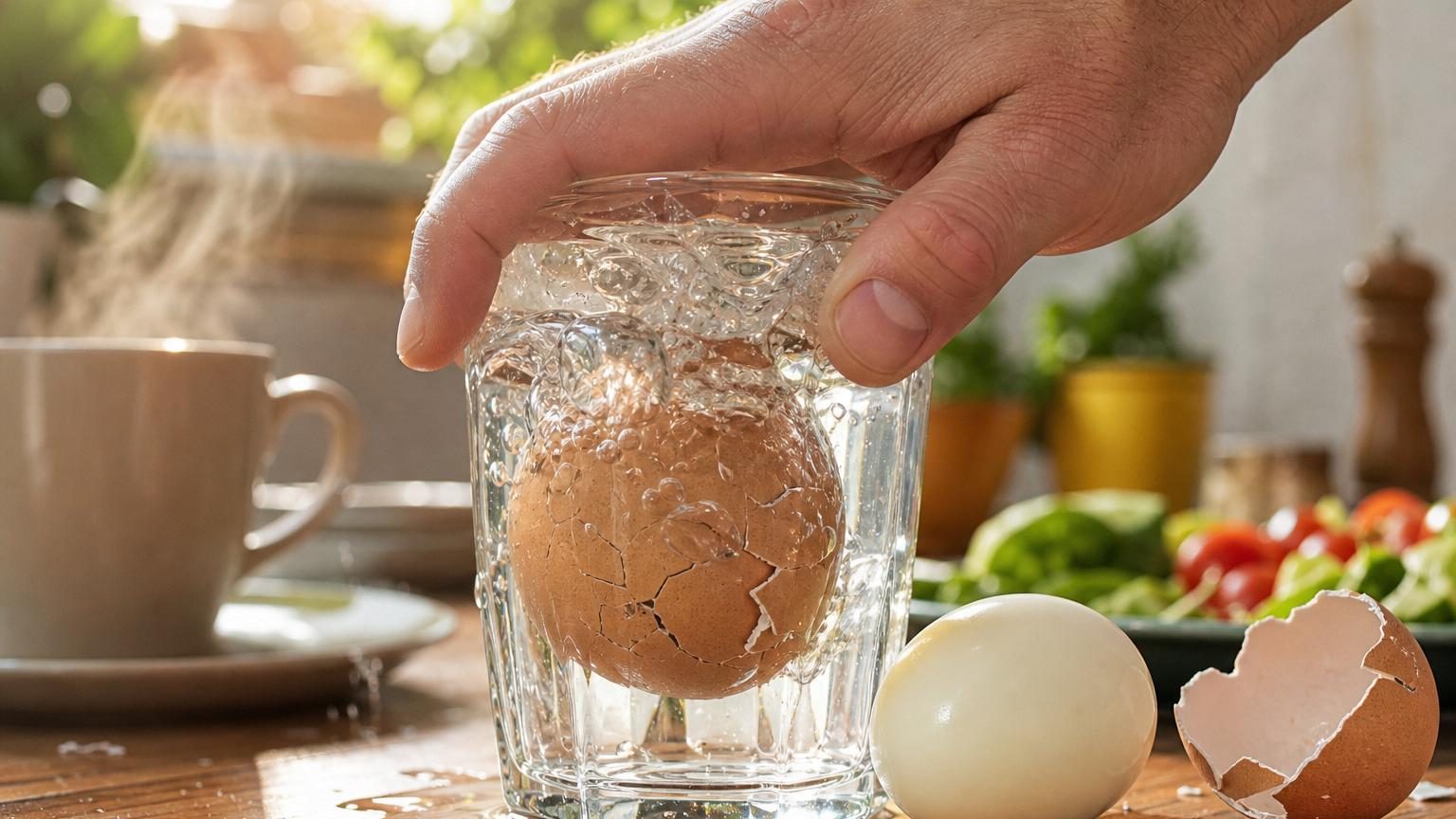 Un verre transparent rempli d'eau avec un œuf dur à l'intérieur, main posée sur l'ouverture du verre en position de secousse.