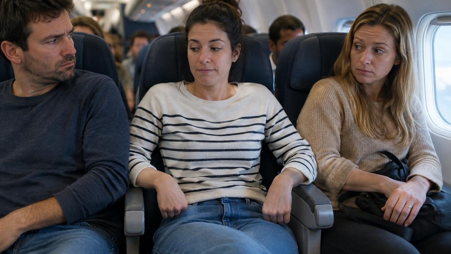 En avion, les deux accoudoirs reviennent en général au passager du milieu : le guide du savoir-vivre pour 36 situations délicates en train, en bus ou en avion