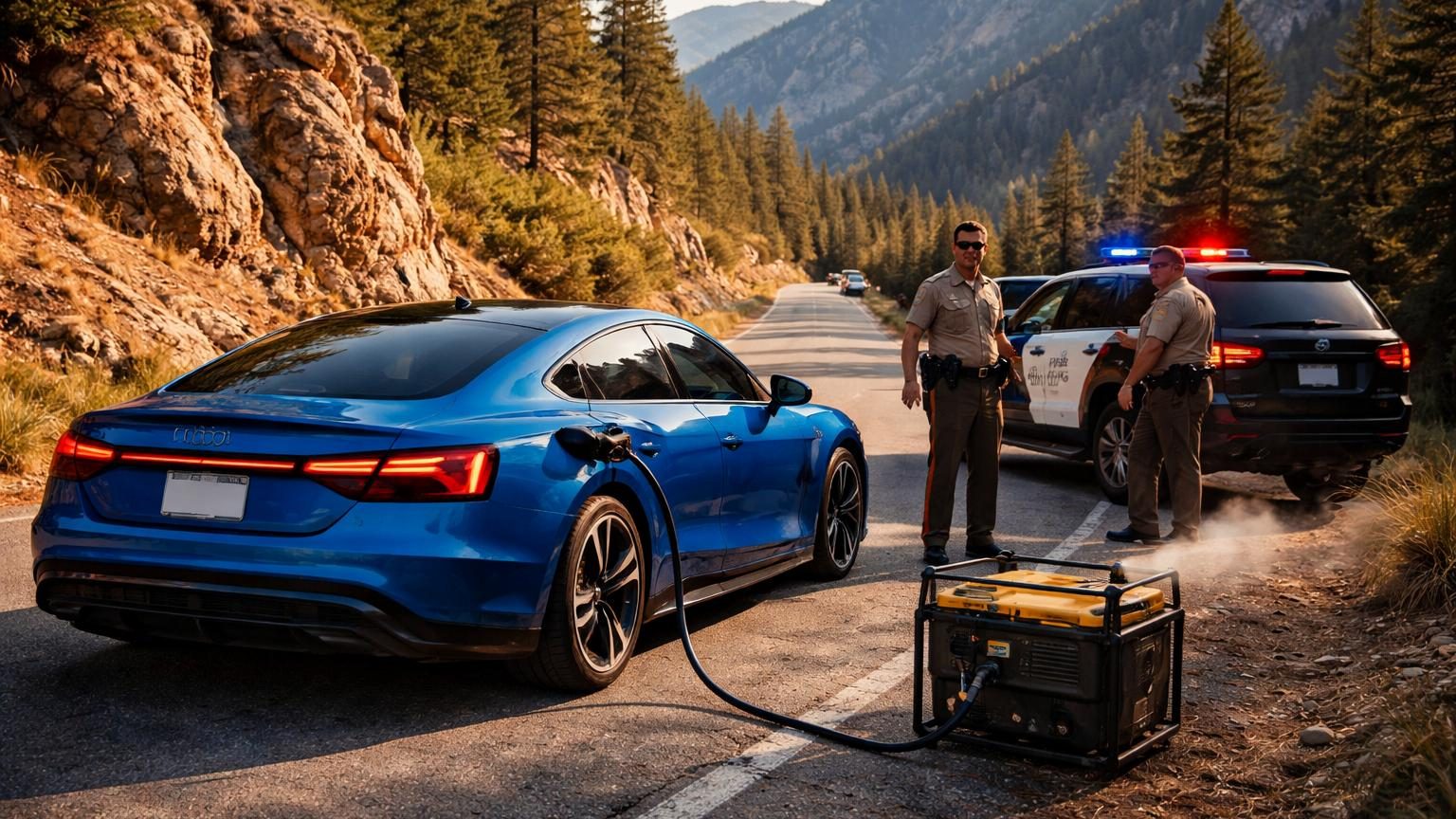 Une Audi e-tron GT électrique immobilisée sur le bas-côté d'une route de montagne californienne, clignotants allumés, en attente de recharge d'urgence.