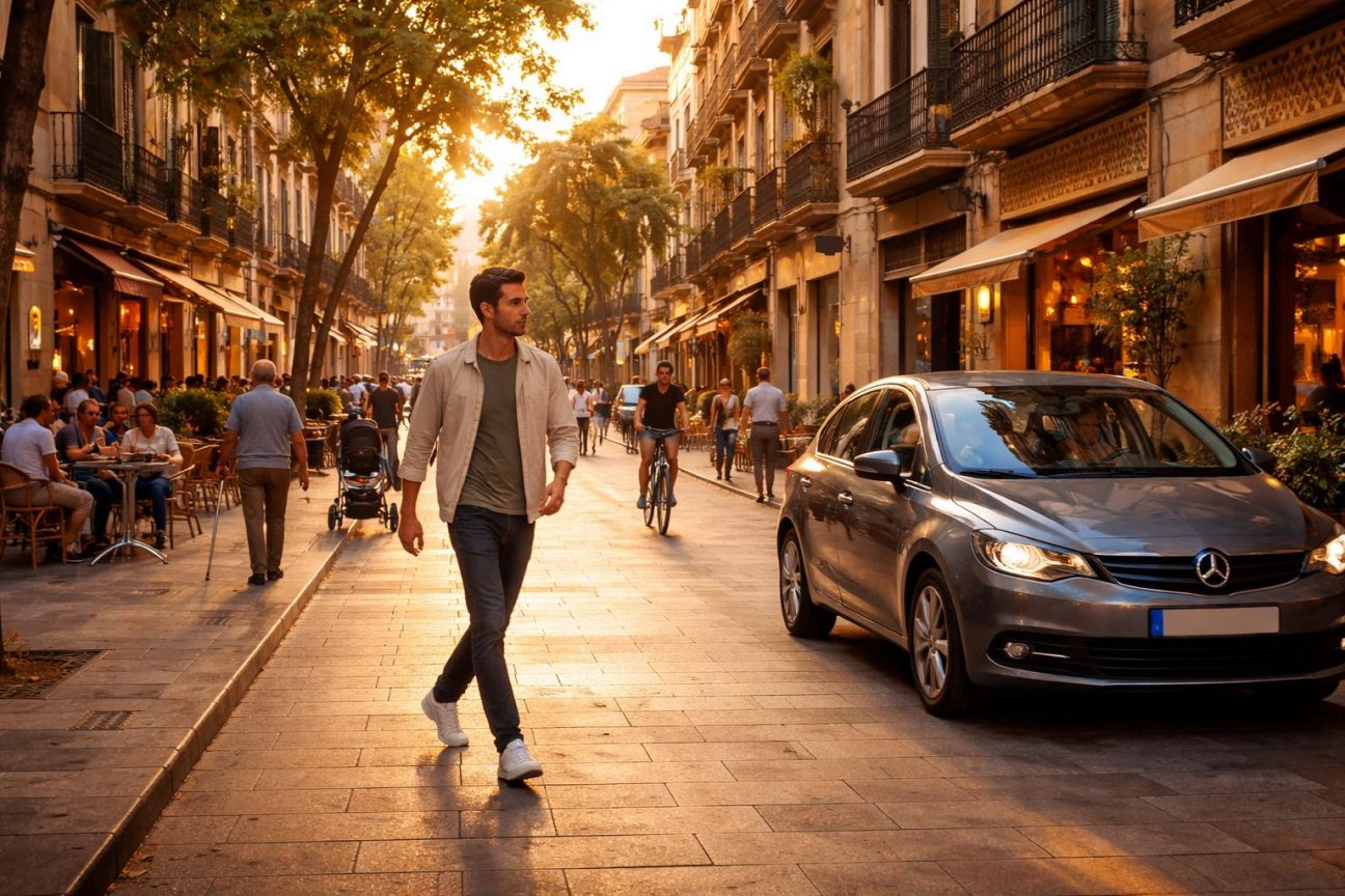 Rue urbaine de plain-pied avec piétons et cyclistes circulant librement, sans bordure de trottoir surélevée, avec commerces en façade et mobilier urbain discret
