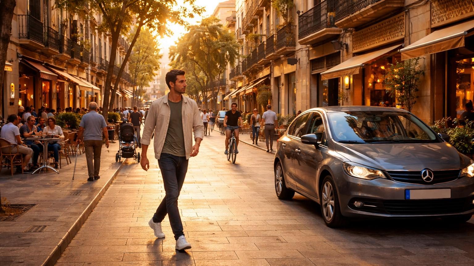 Rue urbaine de plain-pied avec piétons et cyclistes circulant librement, sans bordure de trottoir surélevée, avec commerces en façade et mobilier urbain discret
