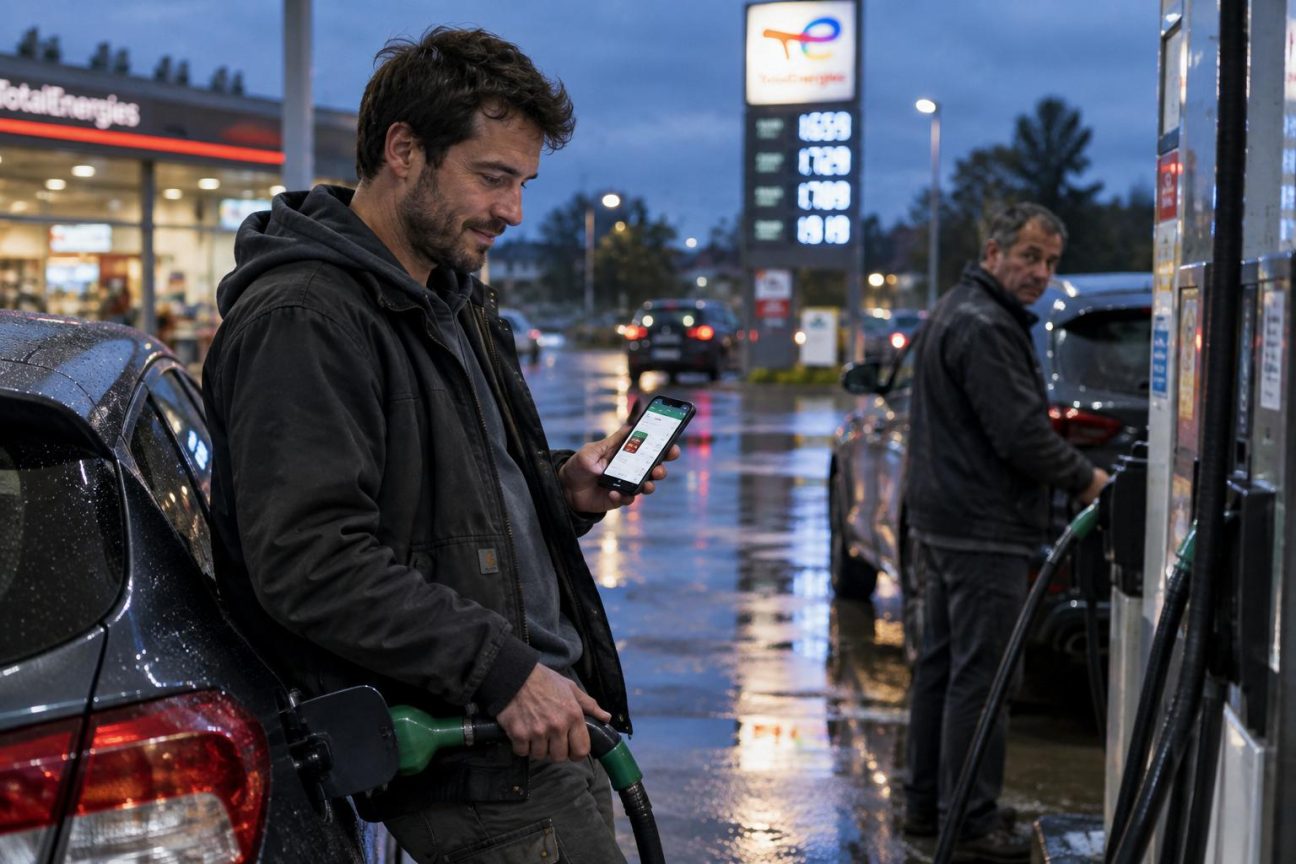 Pompiste observant le tableau des prix lumineux affichant 1,95 euros par litre, avec des automobilistes consultant leur téléphone près des pompes à essence
