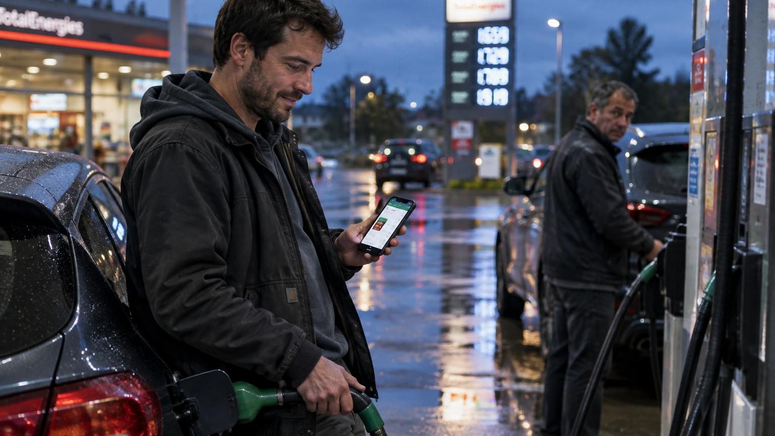 Pompiste observant le tableau des prix lumineux affichant 1,95 euros par litre, avec des automobilistes consultant leur téléphone près des pompes à essence