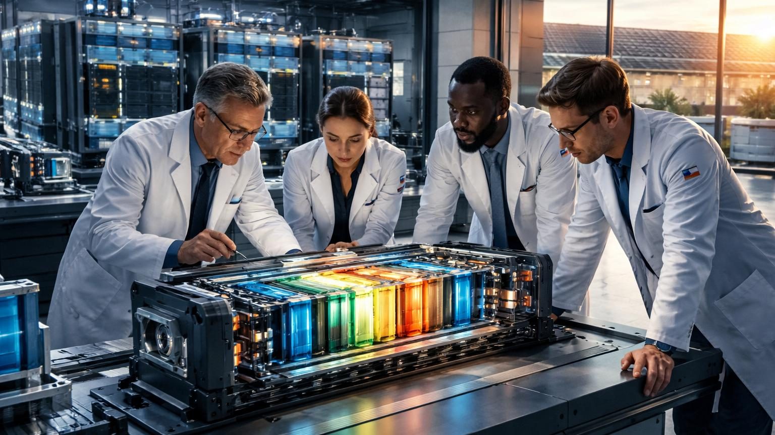 Installation industrielle française avec équipements de recherche et de développement pour la fabrication de batteries innovantes sans lithium ni graphite.