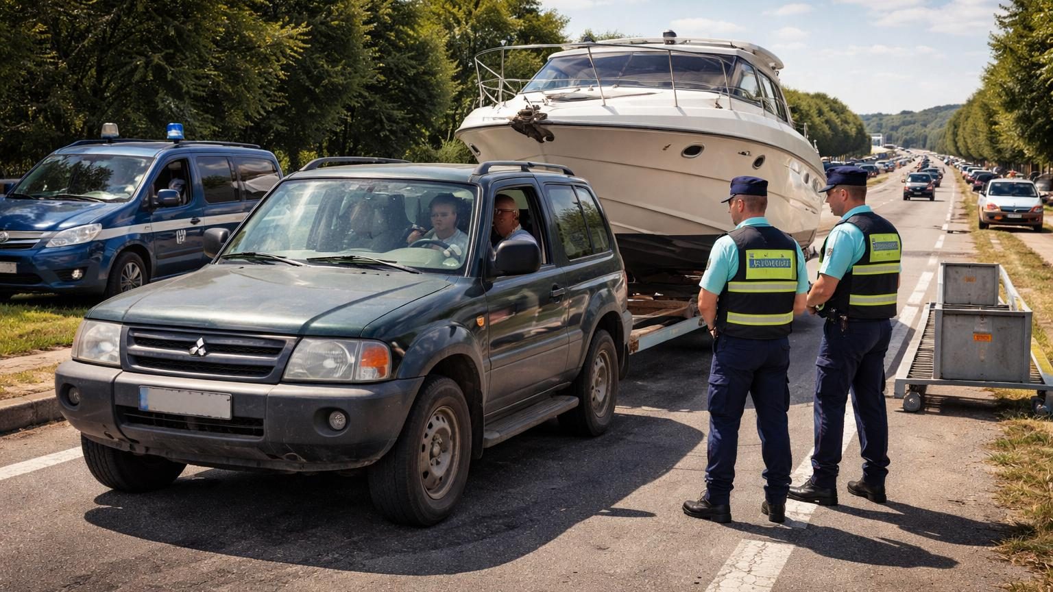 Un vieux Mitsubishi Pajero gris tractant un imposant bateau blanc sur remorque, immobilisé sur une aire d'autoroute en plein jour.