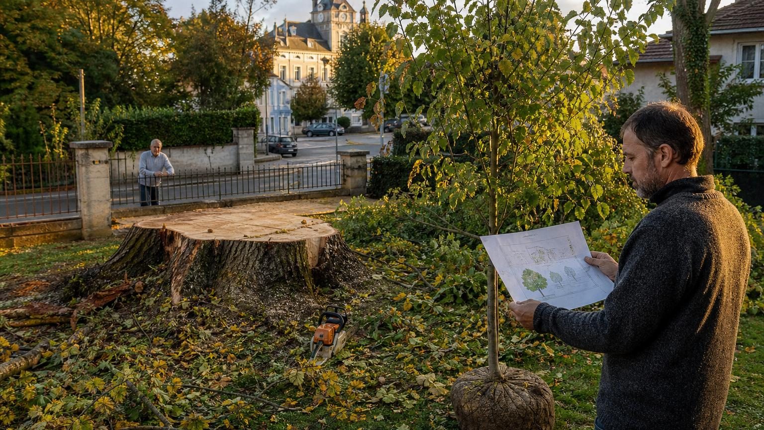 Jardin résidentiel avec un grand arbre au fond du terrain, montrant la coupe d'une tronçonneuse et l'espace vide laissé après l'abattage d'un tilleul.
