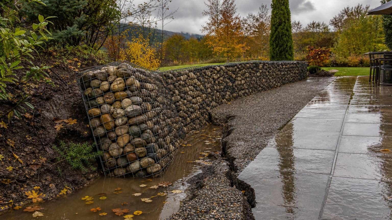 Muret en gabions de 80 centimètres longeant une allée gravillonnée, montrant une légère inclinaison et une fissure dans le gravier au pied, révélant un affaissement du terrain après les pluies d'octobre.