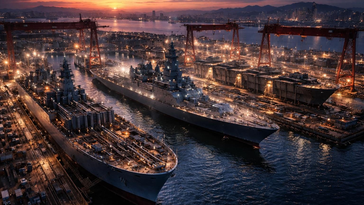 Chantier naval géant avec porte-avions et navires militaires en construction, symbole de la puissance industrielle navale chinoise