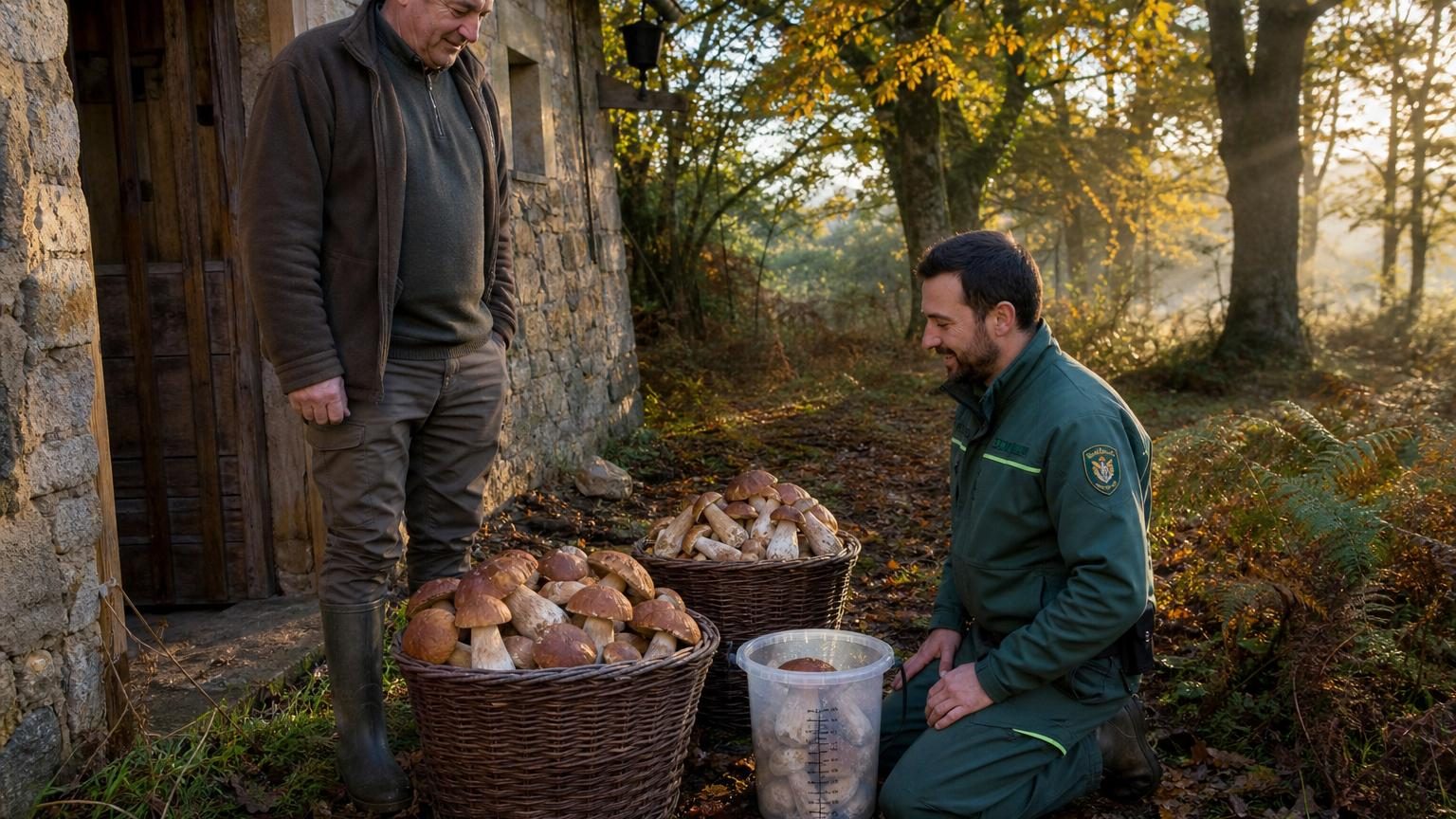 Un cueilleur en bottes mouillées tenant deux paniers remplis de cèpes rencontre un garde forestier avec un seau gradué dans une forêt en automne.