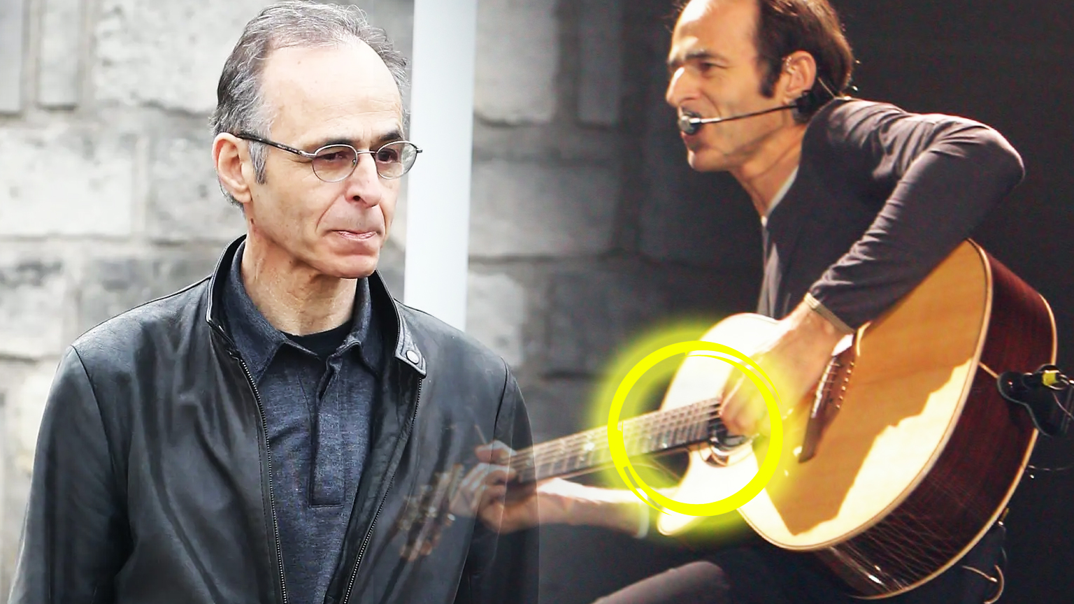 Jean-Jacques Goldman, âgé de 74 ans, de profil avec une guitare acoustique contre son épaule, les mains légèrement crispées, illustrant ses difficultés physiques.