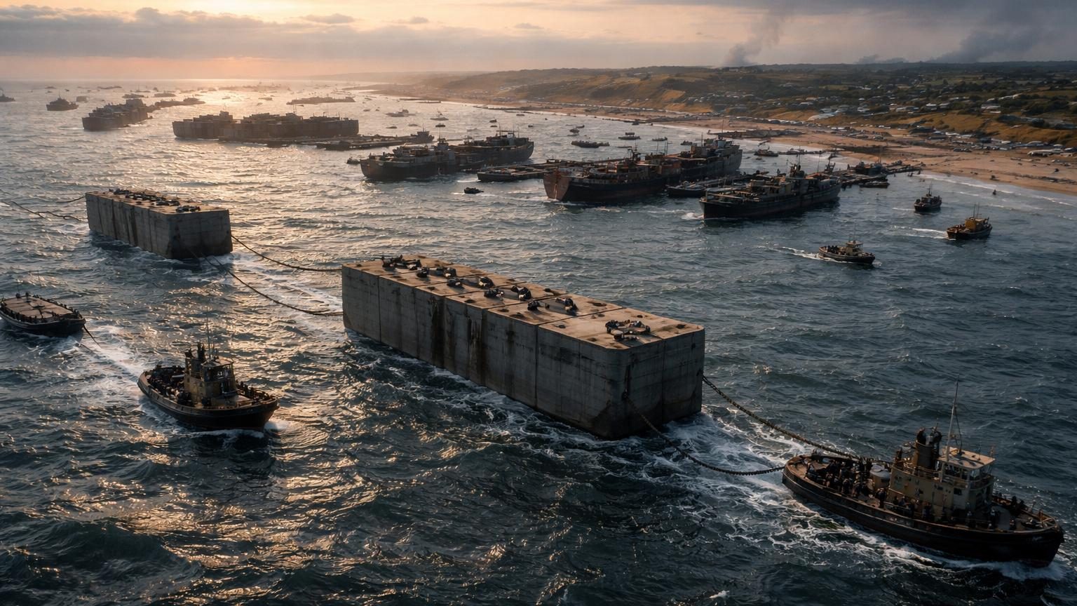 Caissons de béton géants (Phoenix) alignés côte à côte formant une digue artificielle devant une plage normande, avec des quais flottants et des navires en arrière-plan durant le Débarquement de 1944.
