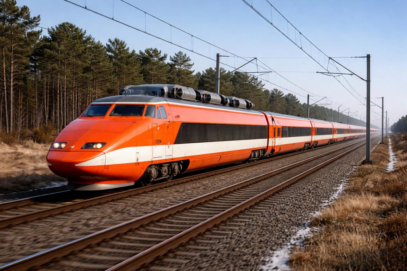 Prototype TGV 001 orange vif des années 1970 avec nez profilé aérodynamique, symbole de vitesse et modernité, statique sur rails classiques