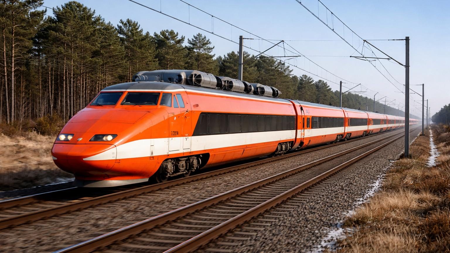 Prototype TGV 001 orange vif des années 1970 avec nez profilé aérodynamique, symbole de vitesse et modernité, statique sur rails classiques