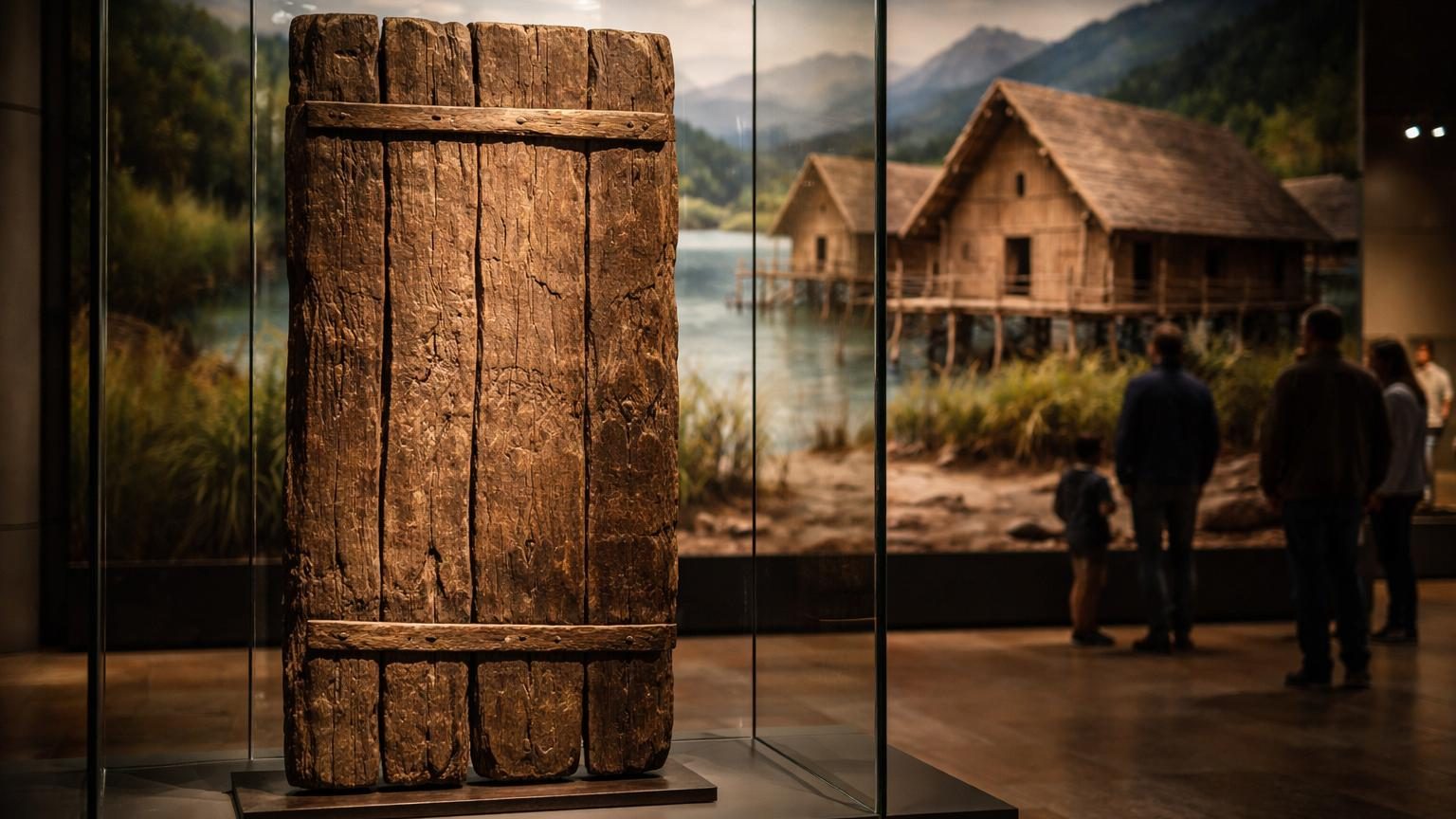 Porte en bois rectangulaire de couleur brune uniforme, composée de quelques planches assemblées, conservée derrière une vitrine du Musée national suisse.