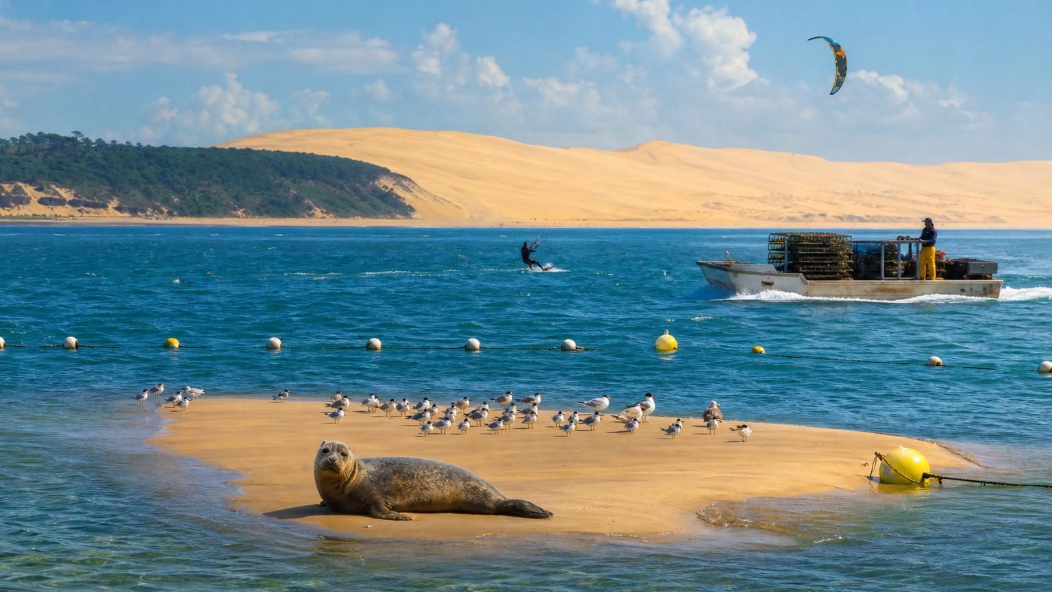 Vue aérienne du banc d'Arguin, vaste étendue de sable face à la dune du Pilat avec eau claire et quelques bateaux ancrés en arrière-plan
