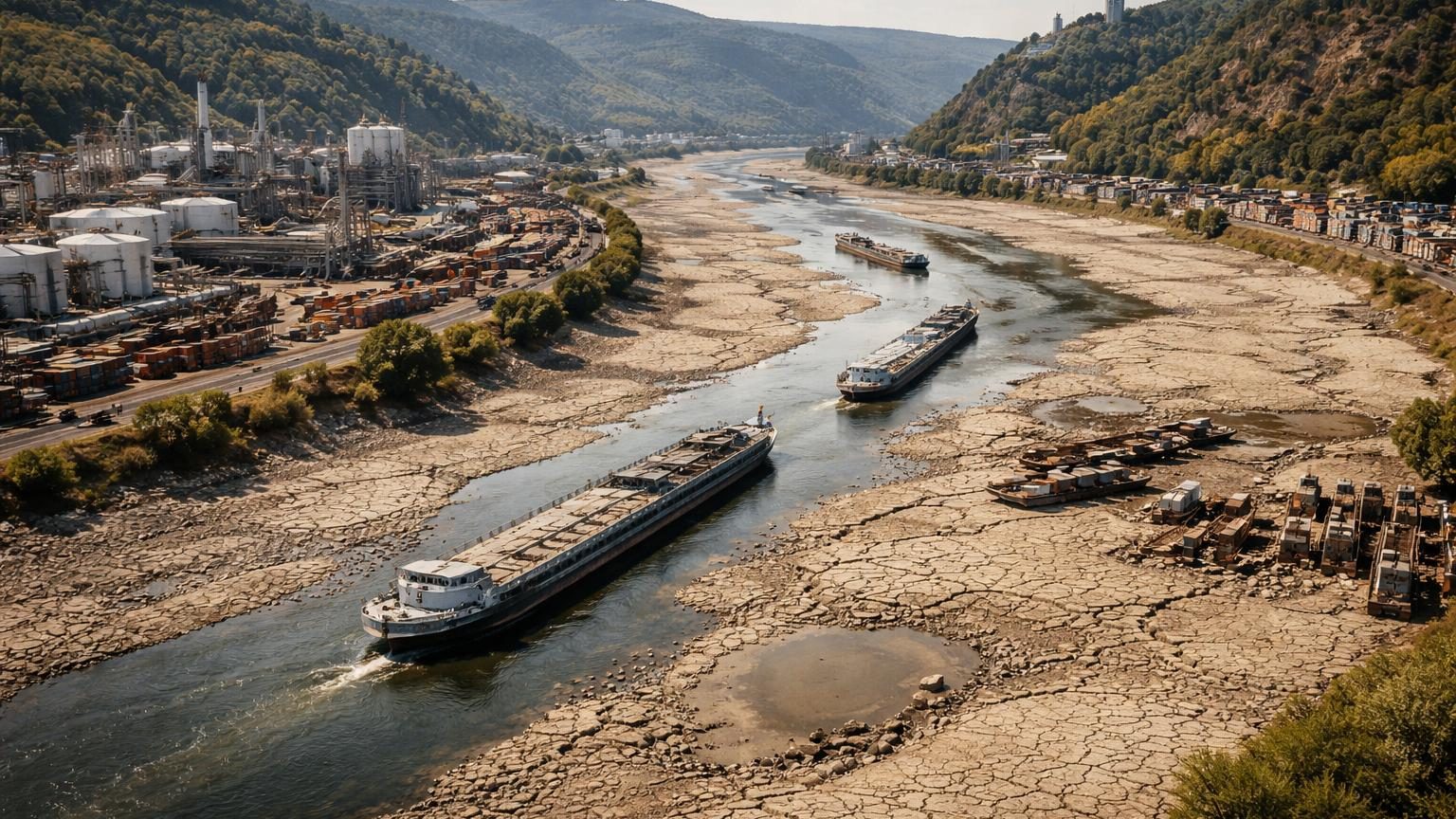Le fleuve Rhin montrant des niveaux d'eau exceptionnellement bas avec des berges étendues et peu d'eau visible, reflétant la crise hydrologique d'août 2026 et ses conséquences sur le transport fluvial allemand.