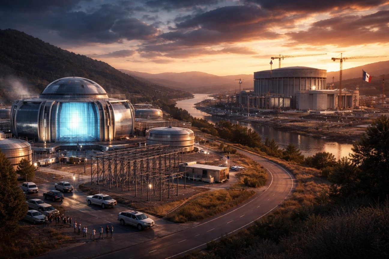 Illustration d'une installation de fusion nucléaire avec réacteur en coupe, montrant le processus de fusion contrôlée et les systèmes de confinement magnétique ou inertiel.
