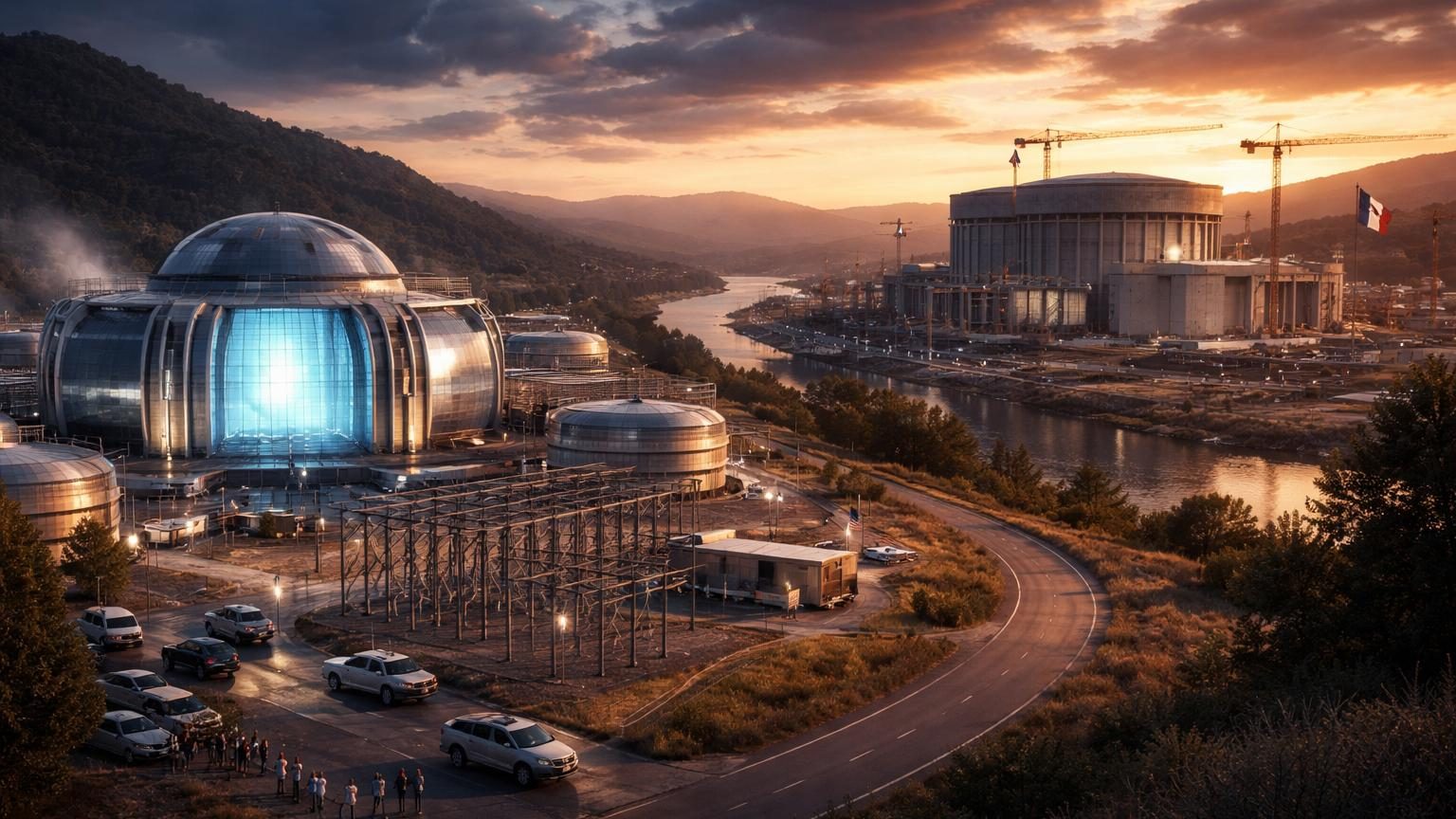 Illustration d'une installation de fusion nucléaire avec réacteur en coupe, montrant le processus de fusion contrôlée et les systèmes de confinement magnétique ou inertiel.