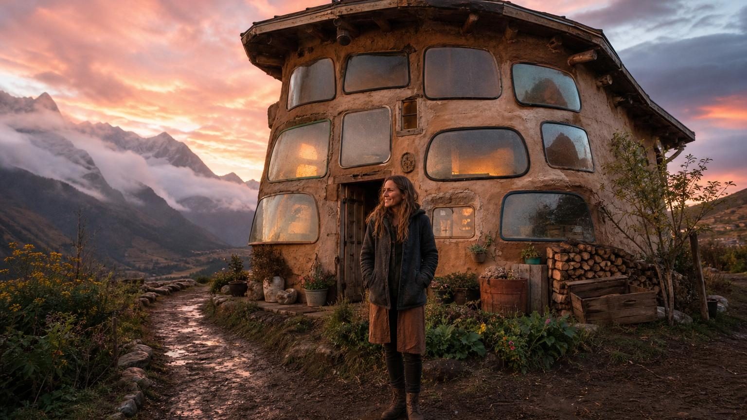 Une petite maison aux murs en terre ocre dotée de douze pare-brise de différentes tailles, légèrement rayés ou teintés, servant de fenêtres et laissant entrer la lumière naturelle en montagne.
