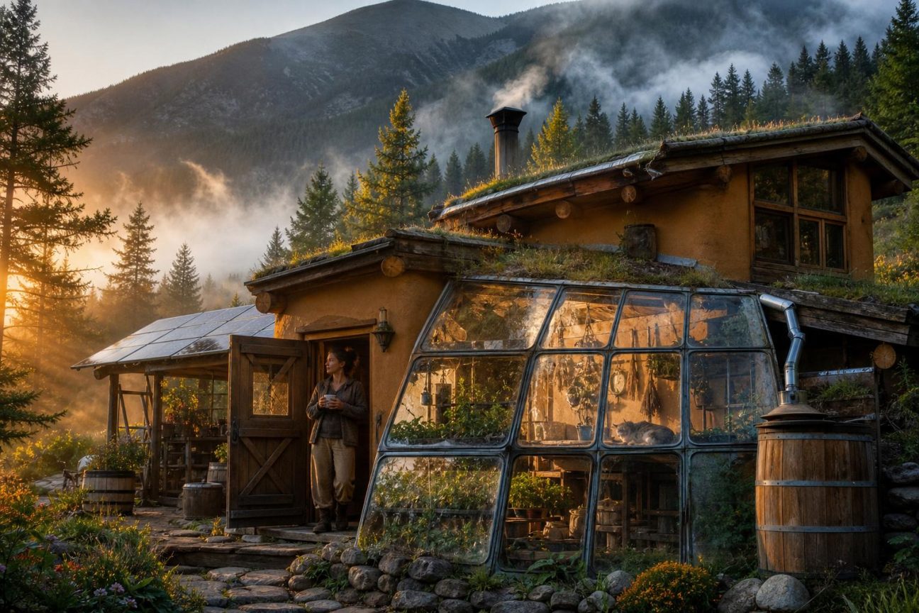 Maison en terre ocre avec serre vitrée faite de pare-brises récupérés, entourée de sapins en montagne, à l'aube avec la brume qui glisse entre les arbres.