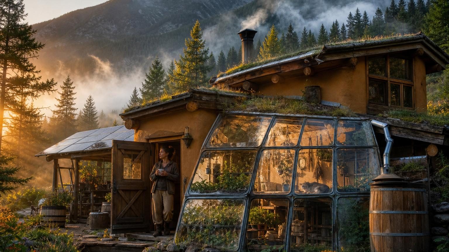 Maison en terre ocre avec serre vitrée faite de pare-brises récupérés, entourée de sapins en montagne, à l'aube avec la brume qui glisse entre les arbres.