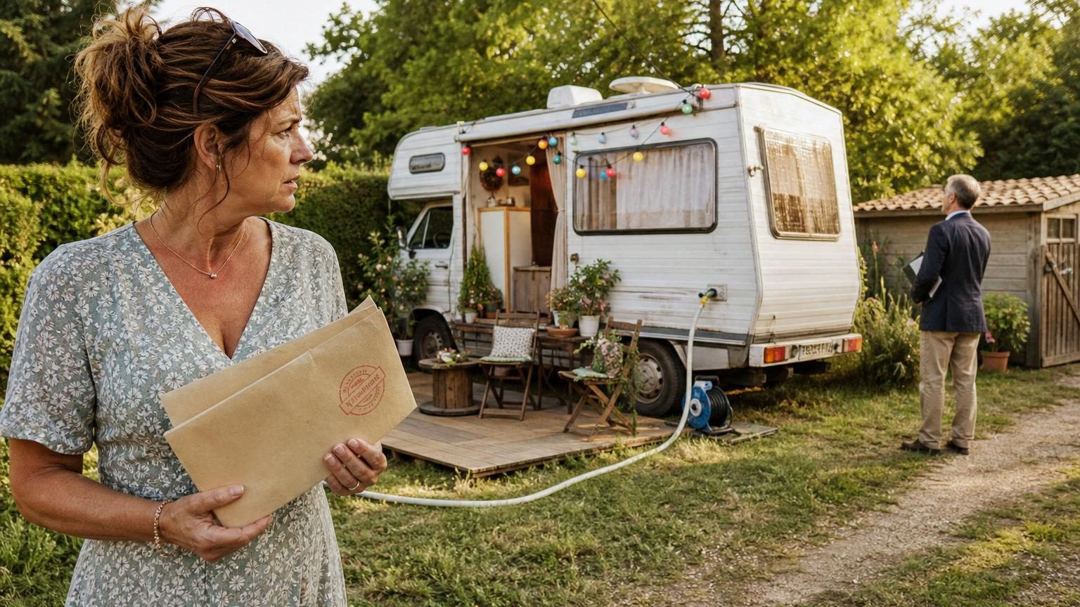 Un camping-car aménagé avec une terrasse en palettes et des raccordements électriques au fond d'un jardin résidentiel, illustrant la limite floue entre véhicule temporaire et construction fixe.