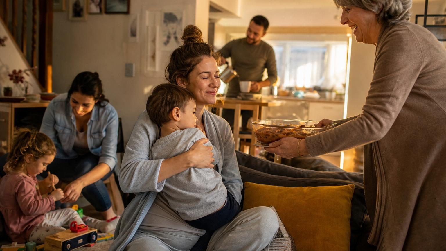 Un parent entouré de proches et de professionnels bienveillants qui offrent leur soutien et leur écoute au quotidien