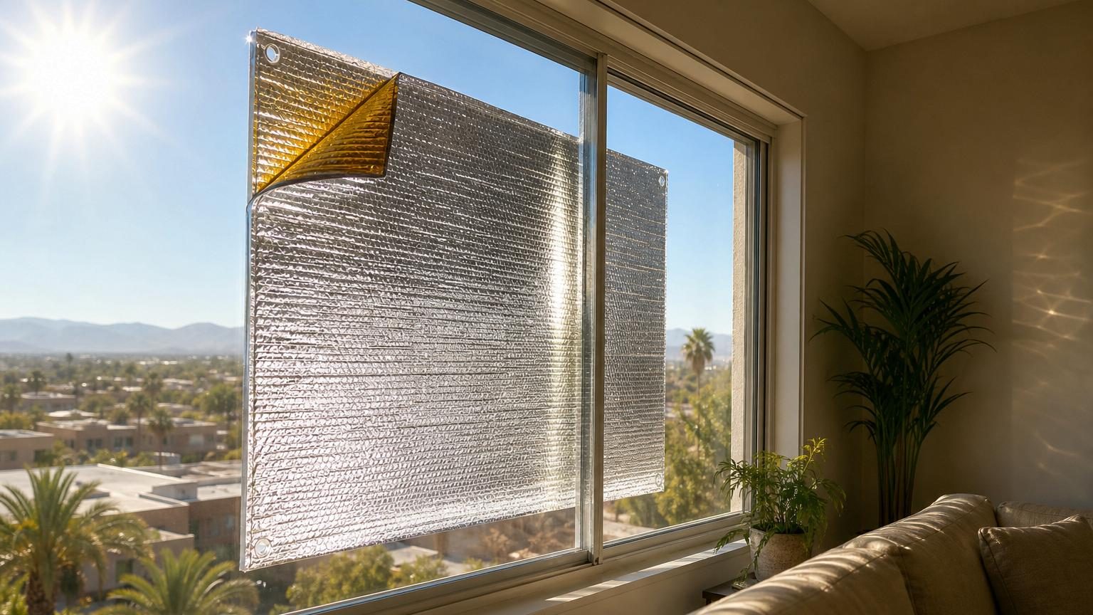 Une fine couverture métallisée argentée et dorée tendue sur une fenêtre ensoleillée, avec un espace d'air visible entre le tissu et la vitre.