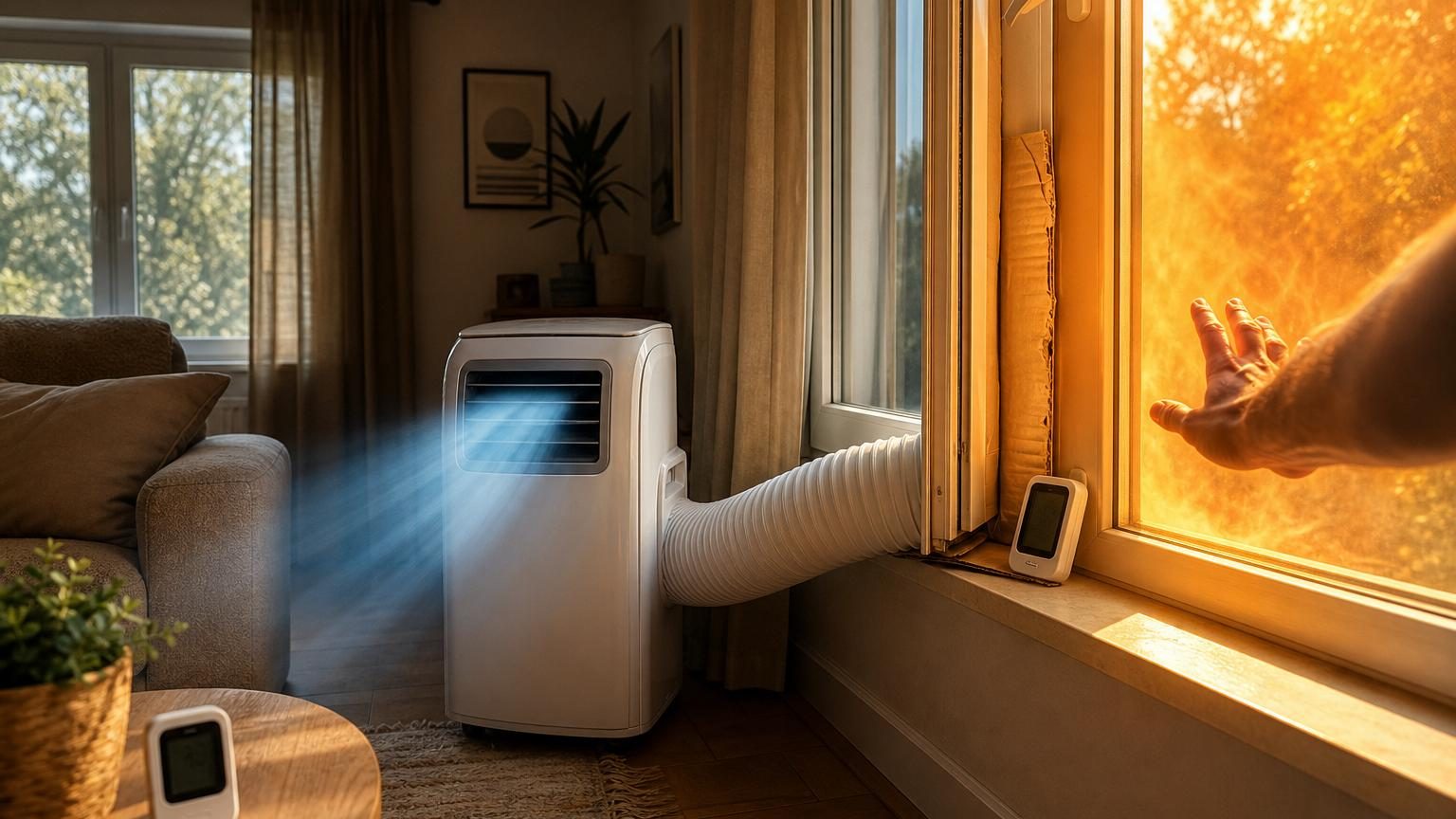 Thermomètre numérique placé près d'une fenêtre entrouverte avec un tuyau de climatiseur mobile passant à travers, montrant l'air chaud qui rentre par l'interstice malgré le fonctionnement de l'appareil.