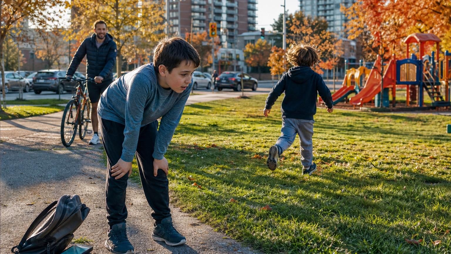 Enfants courant et jouant dans un parc ensoleillé, l'un riant en poursuivant l'autre, illustrant le jeu libre et l'activité physique spontanée.