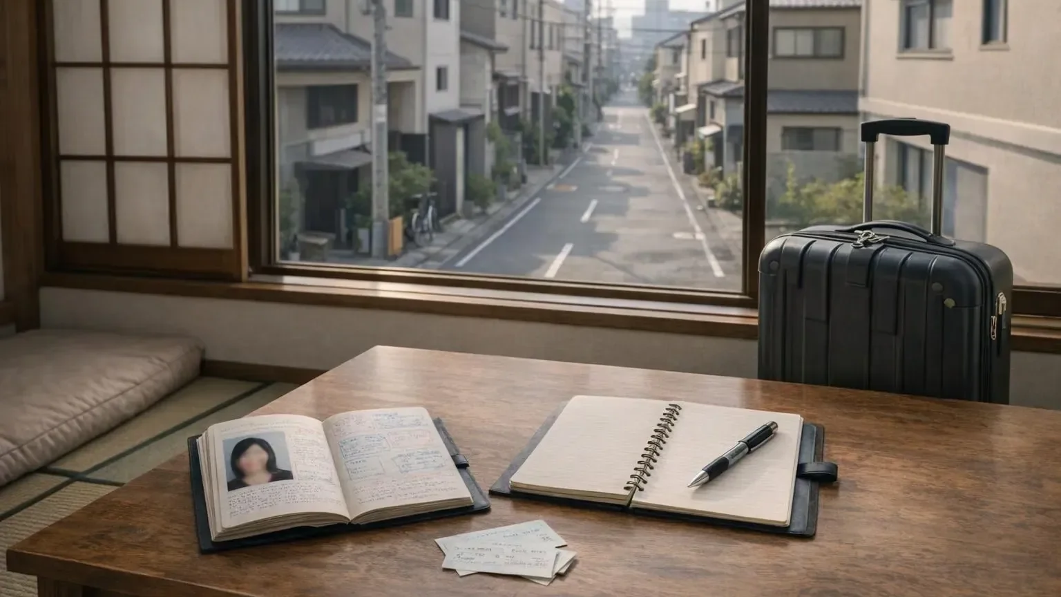 Jeune voyageur assis dans un café japonais moderne, consultan son téléphone et un passeport ouvert, avec vue sur une rue urbaine japonaise en arrière-plan.