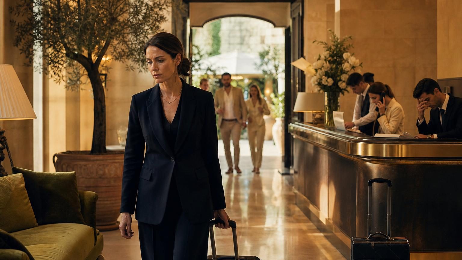 Hall d'un hôtel de luxe aux couleurs claires avec valises et mobilier raffiné, symbolisant un établissement cinq étoiles en début d'exploitation.