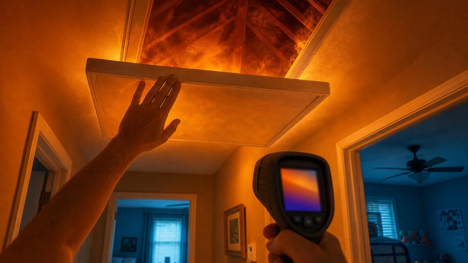 Panneau blanc de trappe de combles dégageant une chaleur visible, couloir adjacent à température normale avec mains effectuant une mesure thermique.